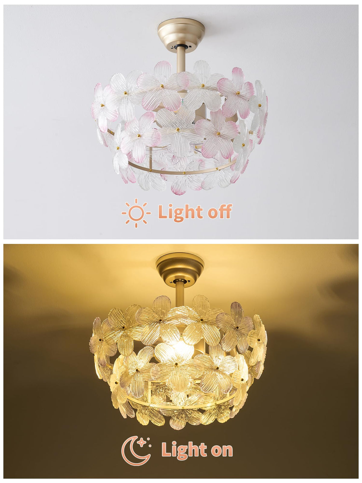 MizWacky Gold Crystal Fandelier Ceiling Fans with Lights, 20" Gold Flower Chandelier Ceiling Fan with Light Remote Control, Caged Mid Century with 6 Speeds for Bedroom, Nursery, Living Room (Pink)