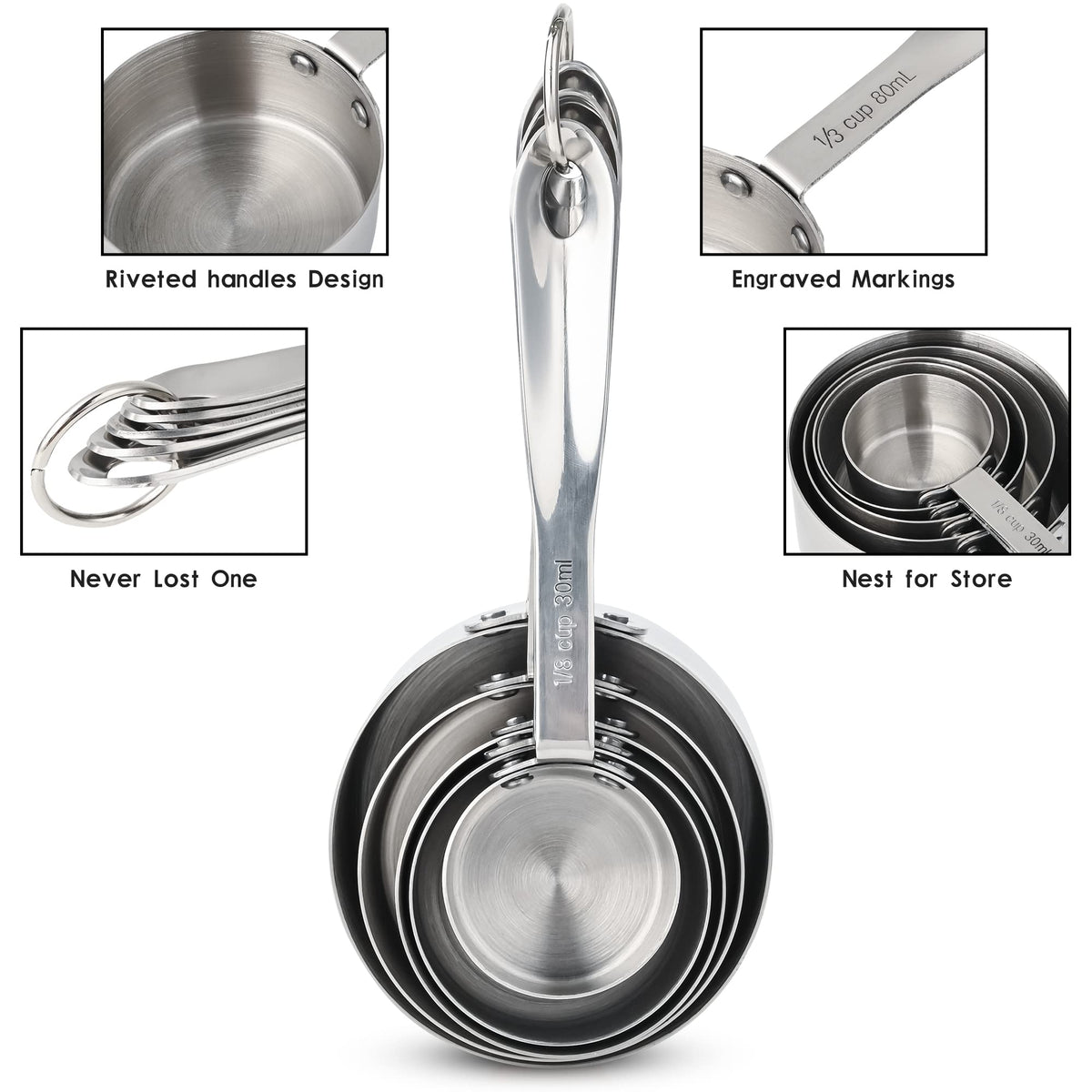 Nstezrne Measuring Cups Set of 5, Stainless Steel Measuring Cups Set, Kitchen Measuring Cup Set, Metal Measuring Spoons for Baking, Dry Measuring Cups, Heavy Duty Measurement Cups with 1/8 Measure Cup