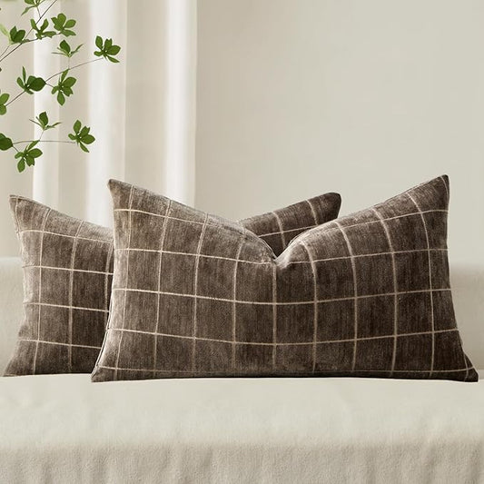 MIULEE Decorative Chenille Check Lumbar Throw Pillow Covers Vintage Plaid Couch