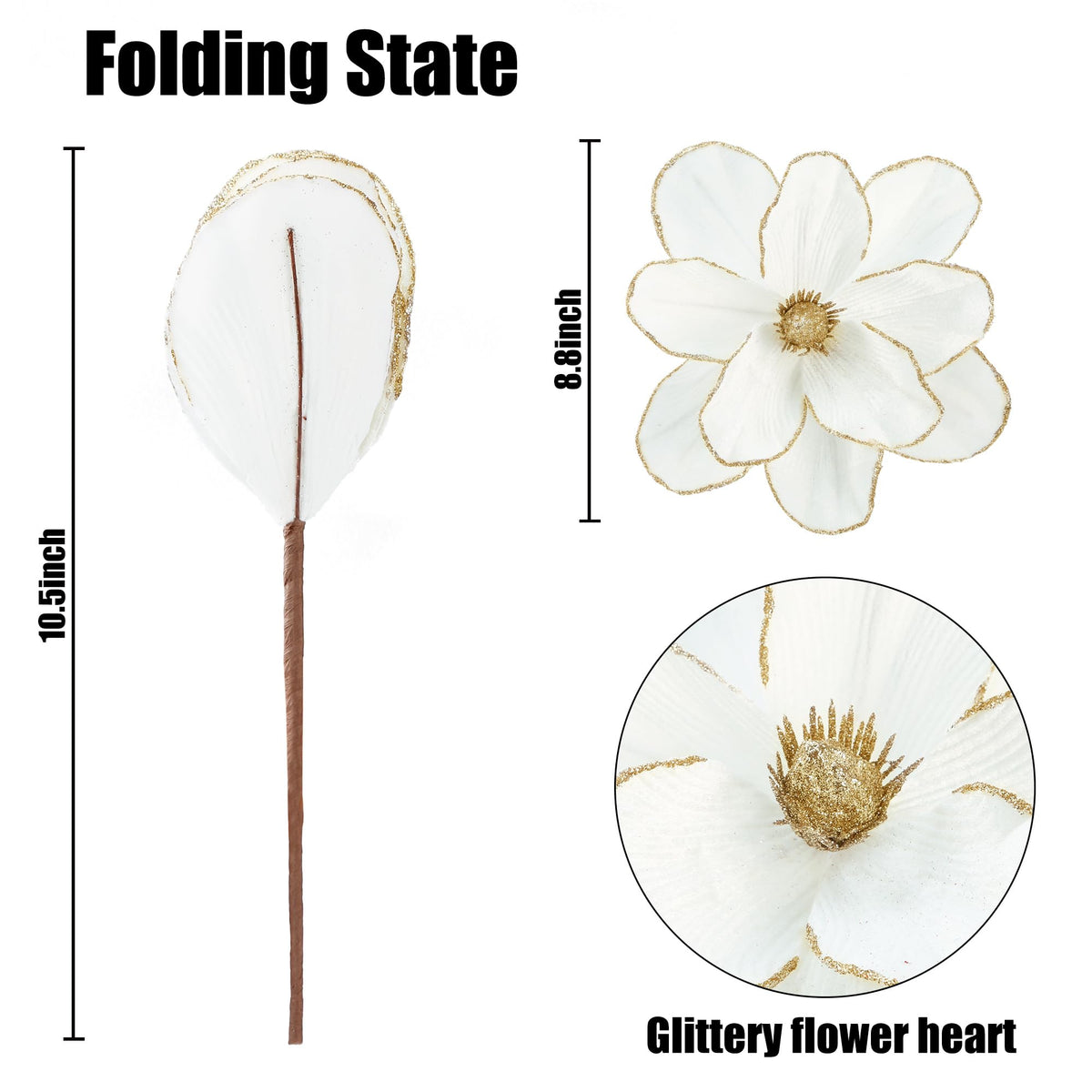 Sggvecsy 10Pcs Christmas Glitter Flowers Velvet Magnolia Flower Christmas Tree Ornaments Artificial Poinsettia Floral Picks for Xmas Wedding DIY Crafts Wreath Party Floral Decorations(White)