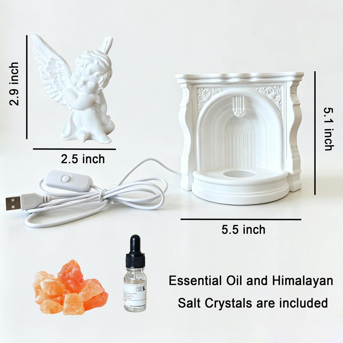 Angel Aroma Diffuser Set with Himalayan Salt & Fireplace Light, Passive Essential Oil Diffuser with White Tea Oil, Home Fragrance Decor for Bedroom, Bathroom, Office, Gift for Women