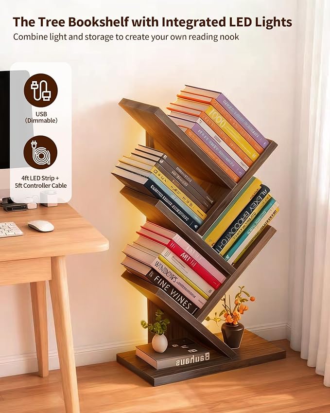 Godferyxin Bookshelf with Liting, Small Bookcase LED and Desktop Book Shelf