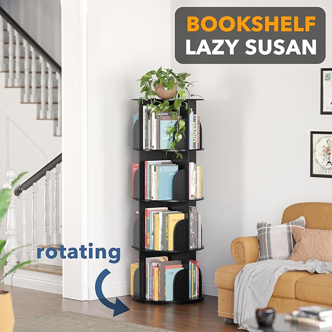 SpaceAid 4 Tier Rotating Bookshelf Tower, Spinning Bookcase Lazy Susan