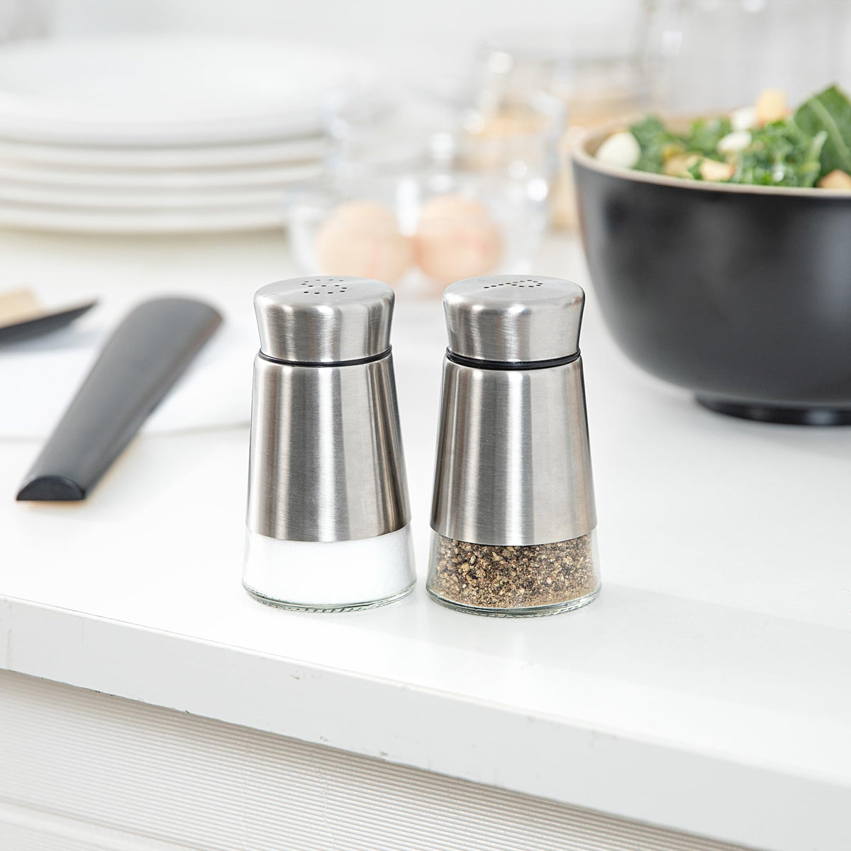 Restaurantware-Met Lux 2 Ounce Salt And Pepper Dispensers, 1 Refillable Salt And Pepper Shaker Set - "S" And "P" Pour Holes, Clear Glass Bottom, Stainless Steel Spice Dispensers, With Screwable Lid