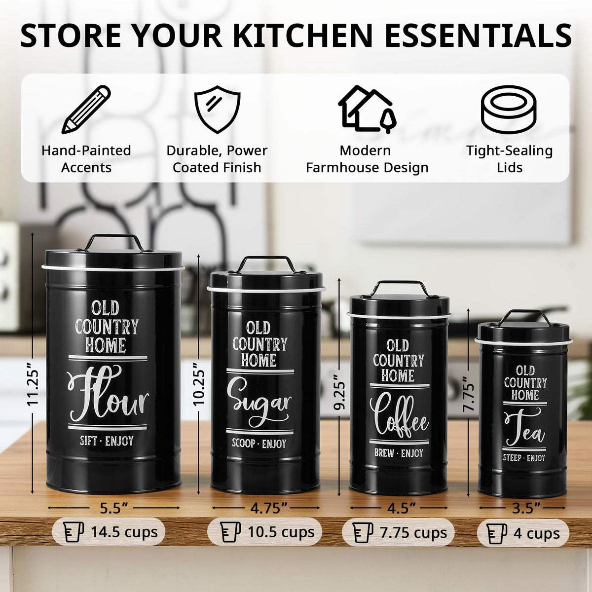 Bivvclaz Canisters Sets for the Kitchen, Airtight Kitchen Canisters for Countertop, Flour and Sugar Containers, Tea Coffee Sugar Canister Set, Coffee Bar Decor and Accessories, Set of 4, Black