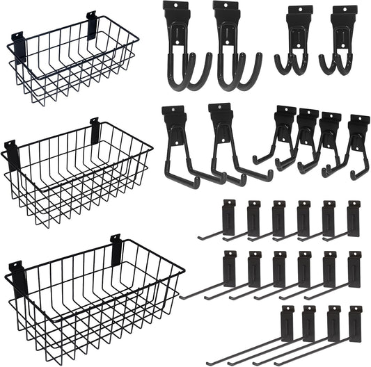 NeatiEase 29 PCS Slatwall Accessories Kit - Heavy Duty Hooks & Baskets for Garage Storage | Multi-Sized