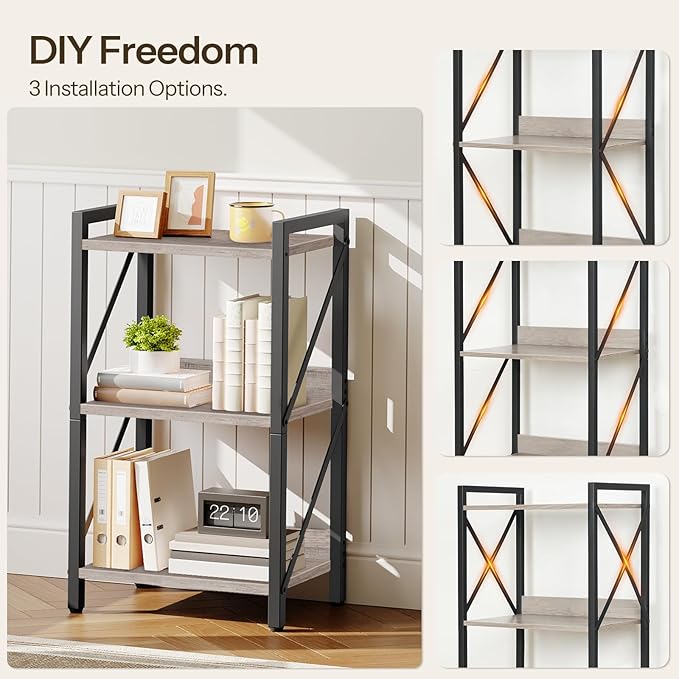 HOOBRO Bookshelf, 3-Tier Industrial Bookcase, Book Shelf Storage Organizer