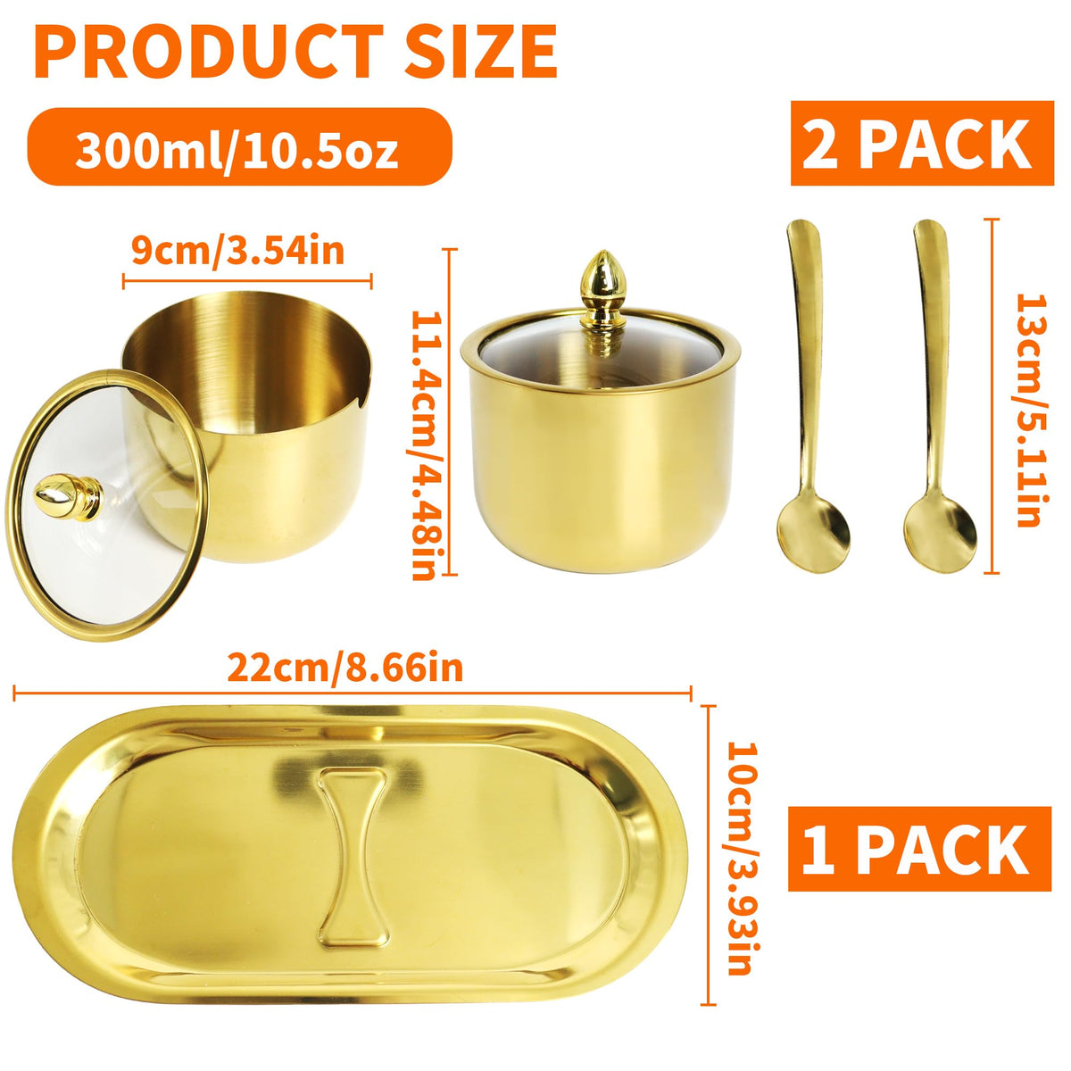 ACOSIY 2 Pack Gold Stainless Steel Sugar Bowl with Lid and Spoon, 10.5oz Small Sugar Container for Coffee Bar, Drum Shape Sugar Cube Holder, Spice Jars for Countertop, Kitchen Ghee Container (2)