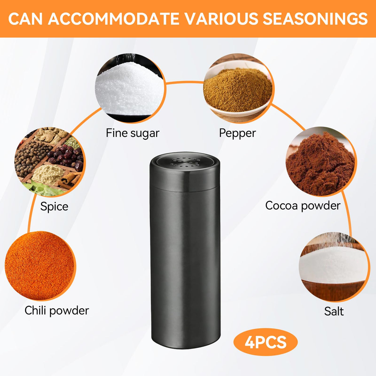 4-Piece Stainless Steel Salt and Pepper Shakers Set, Portable Spice Shaker Jars Spice Dispenser Refillable Salt Dispenser Containers for Home Barbecue Cooking, 3.5”hx1.5”w