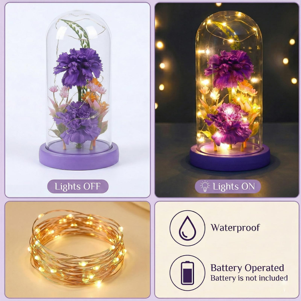 Strackvial Galaxy Glass Carnation Forever Preserved Flower with Light, Valentines Day Birthday Gift for Women, Mom, Wife, Girlfriend, Light Up Carnation in Glass Dome for Mothers Day
