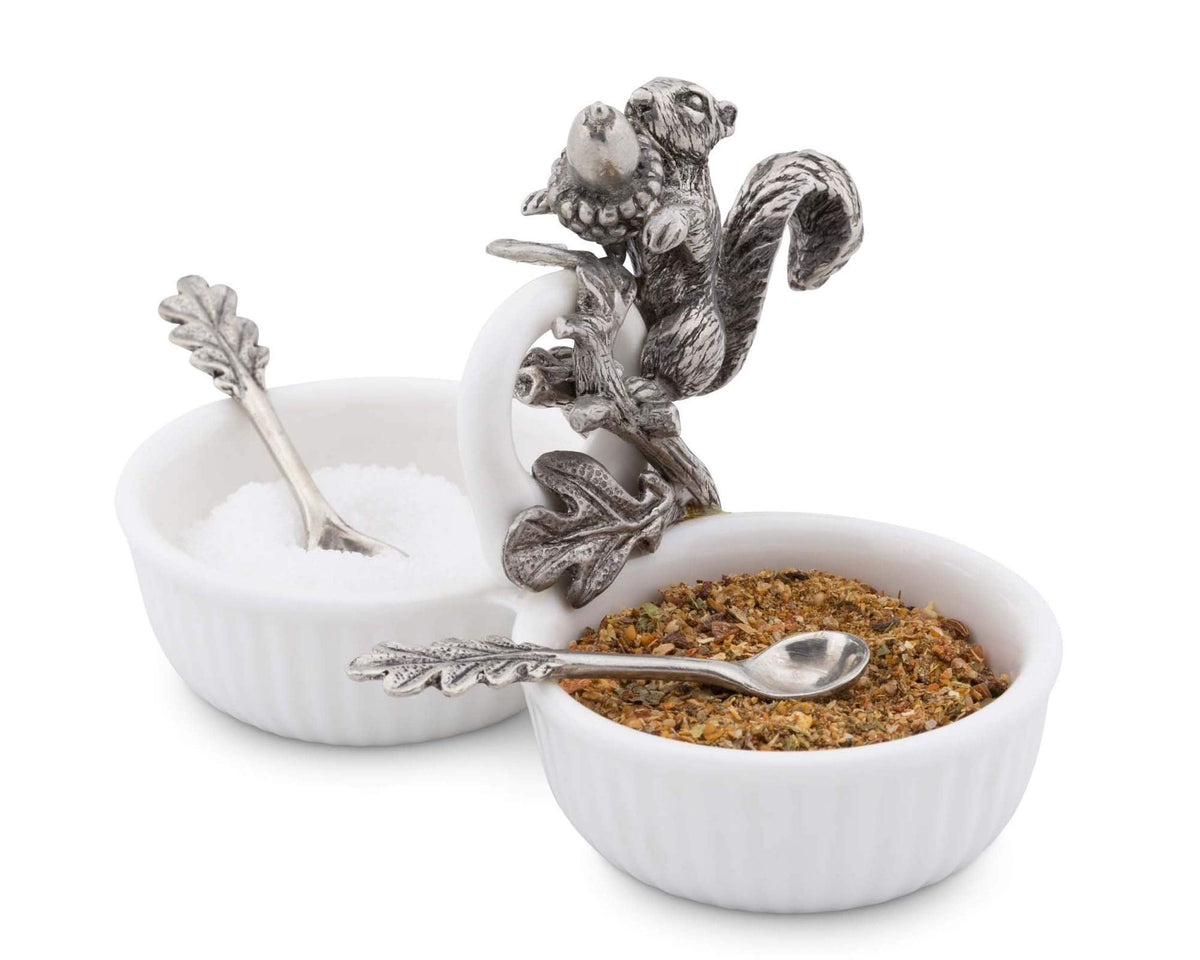 Vagabond House Squirrel Double Salt Cellar with Pewter Leaf Spoons percent spices or sauces 3 inch x 4 inch