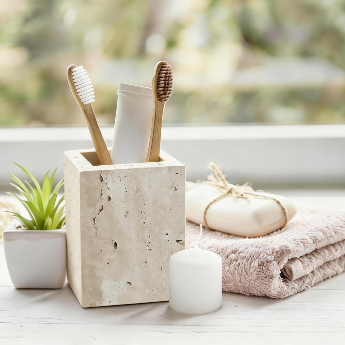 Beige Travertine Natural Marble Toothbrush Holders for Bathroom, Marble Makeup Brush Holder, Pen Pot, Countertop Organizer Barrel Storage Box