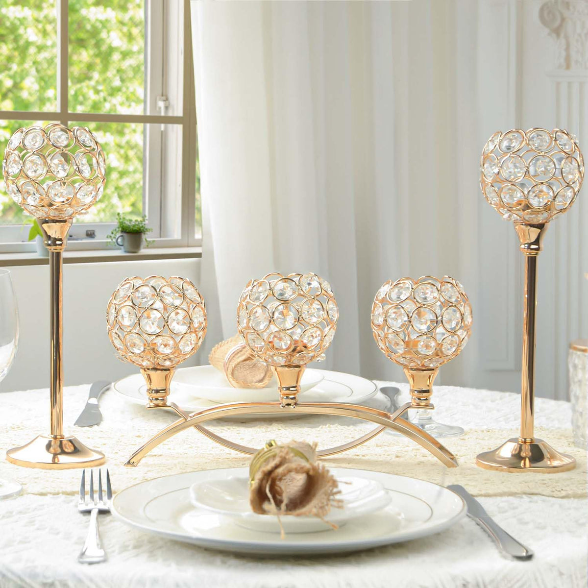 Crystal Tealight Candle Holder Centerpiece Home Decorative Candlestick Holder Elegant Table Centerpiece Home Decor Wedding Party Anniversary (Gold, Set of 3)