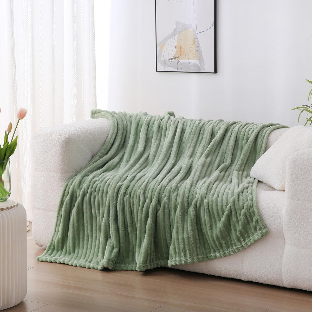 Linecooo Sage Green Fleece Throw Blanket 50”×60” for Couch Sofa Bed,Super Soft Cozy Plush Microfiber Flannel Blanket with Stripes Design Lightweight for Adults,Woman,Girls