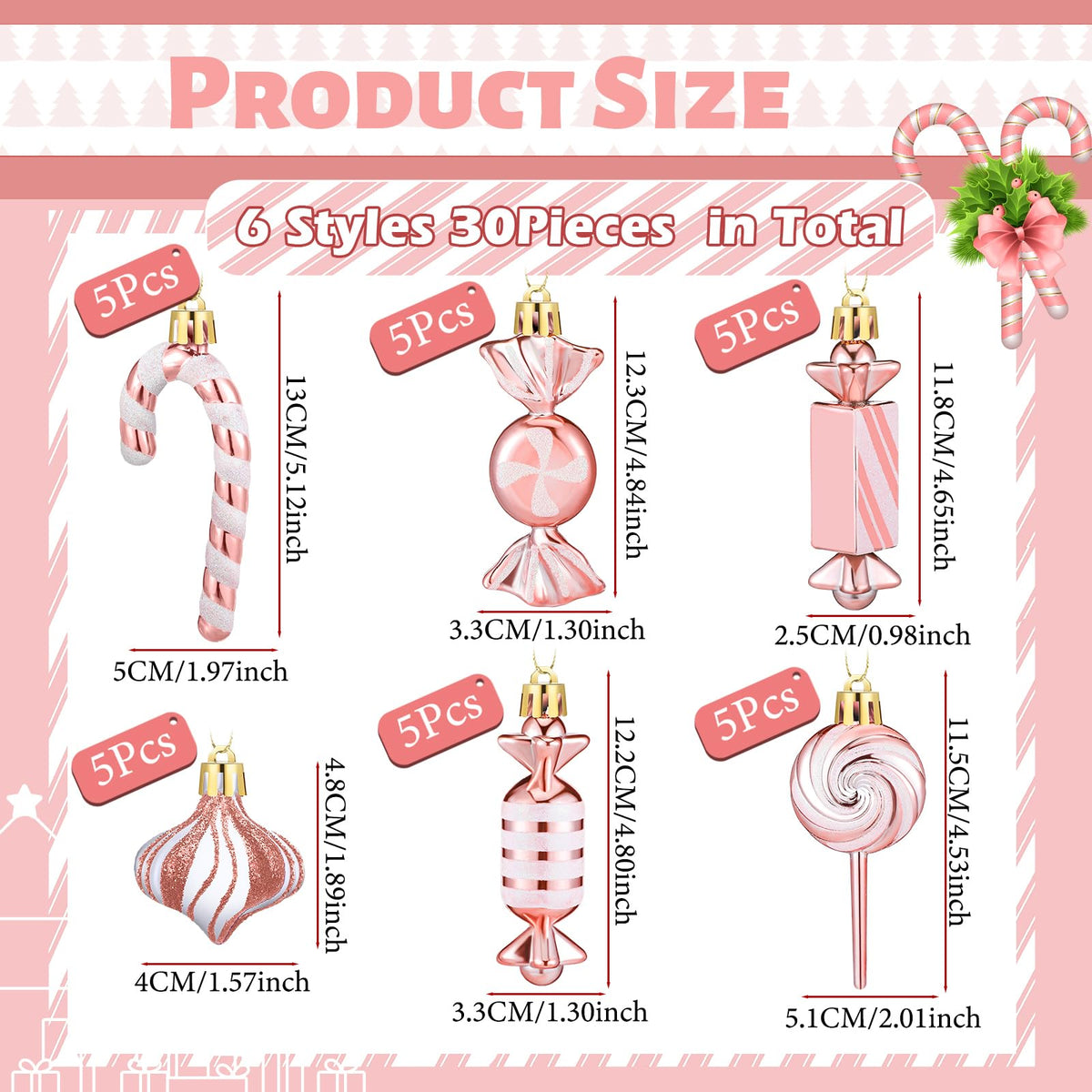 Realspring 30 Pcs Christmas Candy Ornaments Peppermint Candy Cane Christmas Decorations Plastic Lollipop Hanging Ornaments with Rope for Xmas Tree Party Holiday Supplies(Pink White)