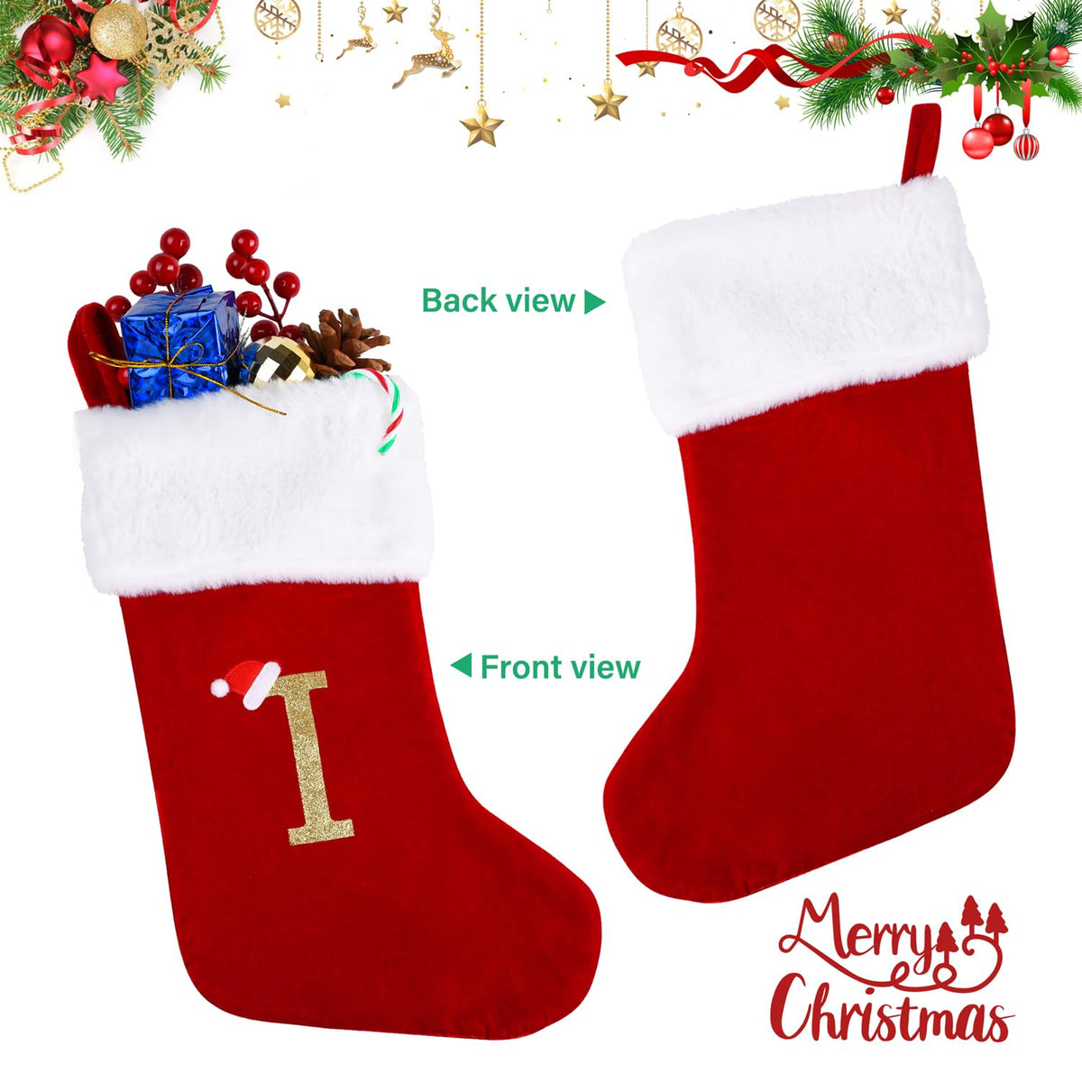 Sailup 20 Inches Monogram Christmas Stockings with Letters, Large Super Soft Christmas Stockings Red Velvet with White Super Soft Plush Cuff for Christmas Xmas Tree Holiday Fireplace (I)