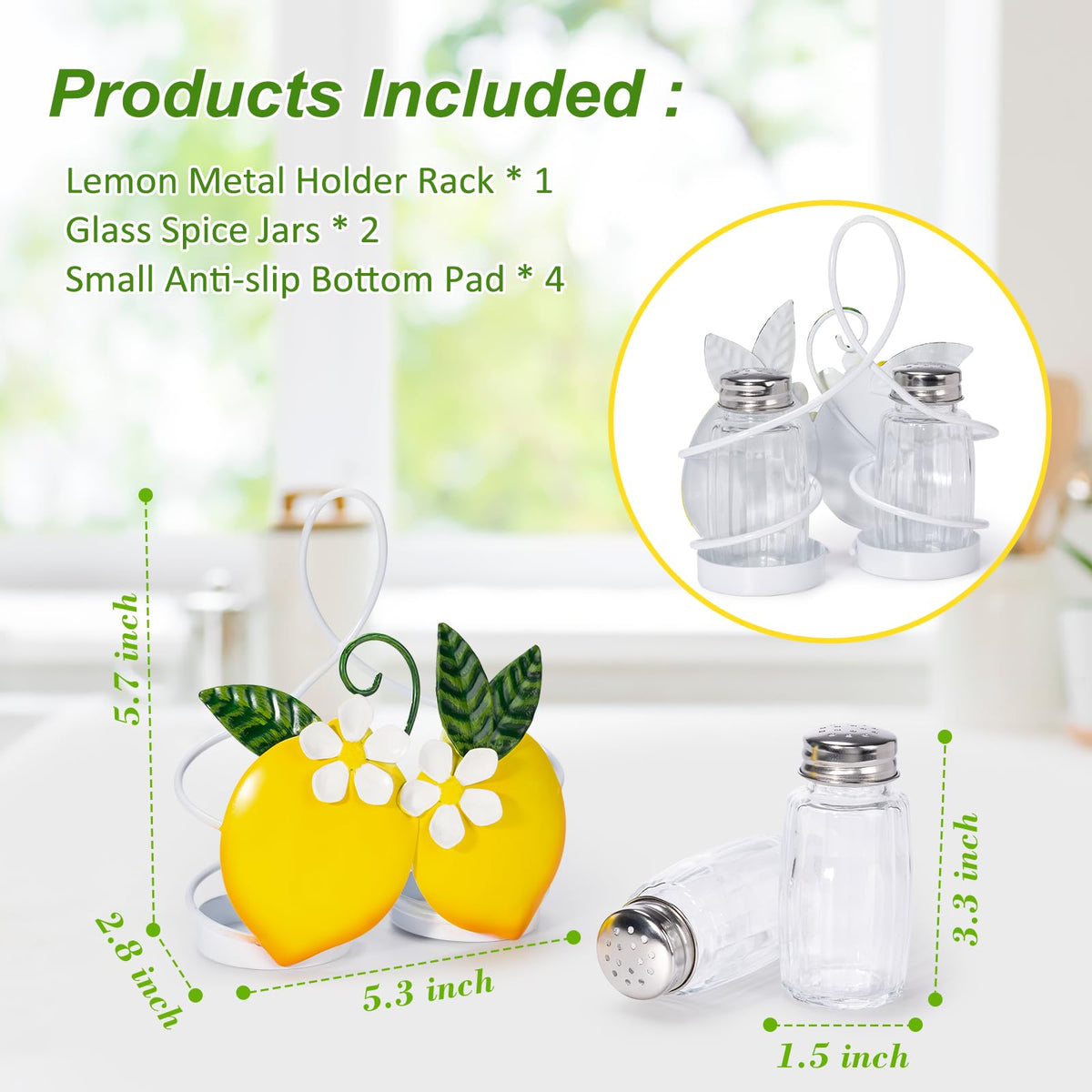 Lemon Cute Salt and Pepper Shakers Set with Holder - 2oz Seasoning Containers with Lemon Decor Holder, Yellow Kitchen Decor and Accessories, Housewarming Gifts for Women, Portable Metal Stand