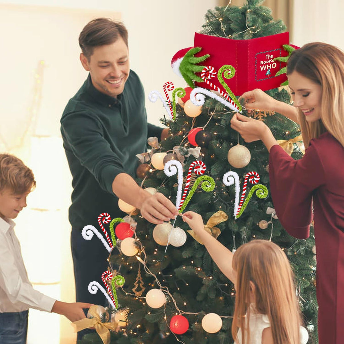 Christmas Tree Picks 6 Pcs Candy Cane Christmas Decorations 16" Xmas Tree Topper Elf Pick Red Green and White Woolen Curly Lollipop Pick Large Ornaments for Xmas Tree Filler, Wreath, Vase Home Decor