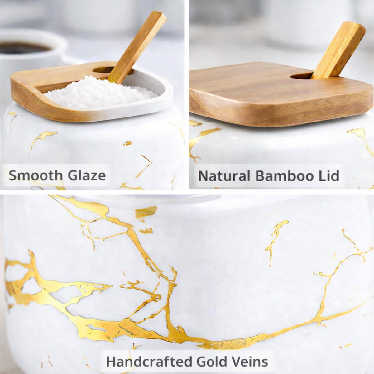 JFFLYIT Marble Ceramics Sugar Bowl Ceramic Seasoning Box Ceramic Spice Jars Porcelain Condiment Pots with Lid and Spoon (White)