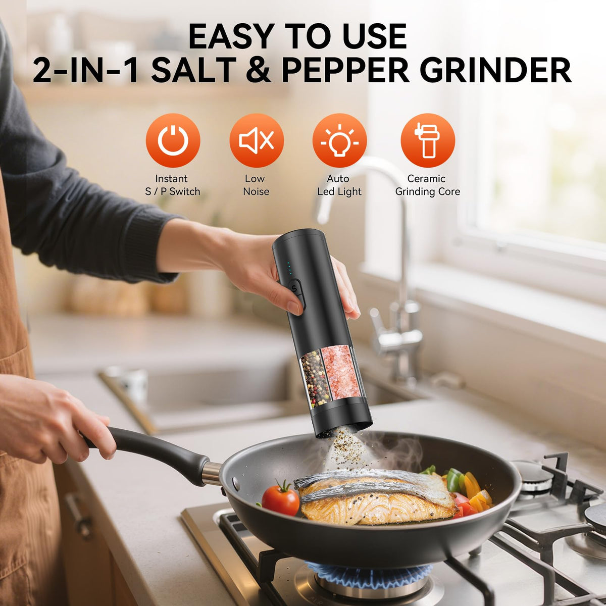 Electric Salt and Pepper Grinder Set 2 in 1, USB Rechargeable, Automatic Salt and Pepper Mill Shakers with LED Light, Battery Display, Adjustable Coarseness, Ideal for Kitchen Outdoor BBQ Gift