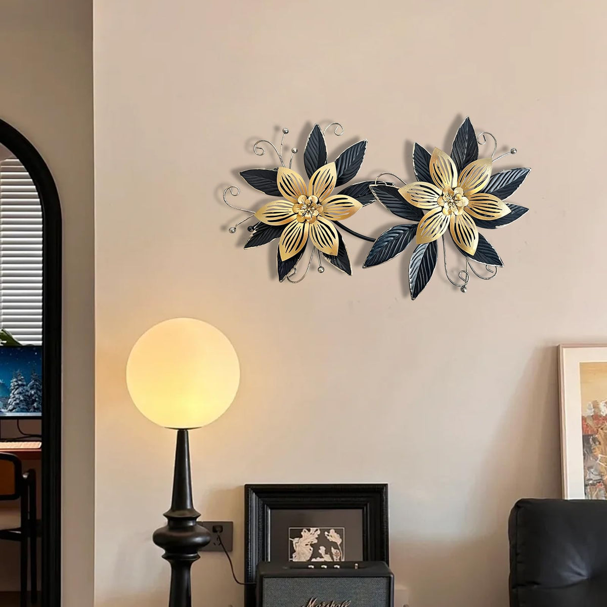 LIFFY Black Wall Decor,15" 3D Multi-layer Metal Flowers Wall Decor, Rustic Modern Floral Sculpture for Indoor Kitchen Bedroom Living Room Office Outdoor Garden Patio