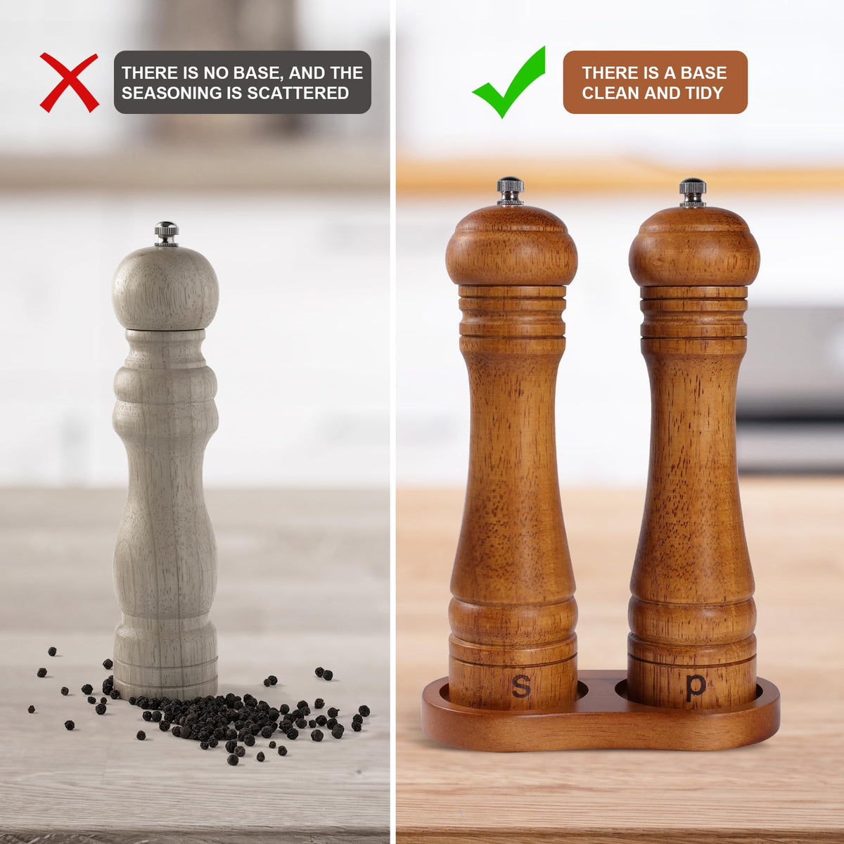 DEBETOOL Wooden Salt and Pepper Grinder Set with Stand - 8-inch Oak Wood Salt Mill Pepper Grinder Set, Adjustable Ceramic Core, 2 Pepper Mills + Wooden Spoon & Cleaning Brush (Kitchen Essential)