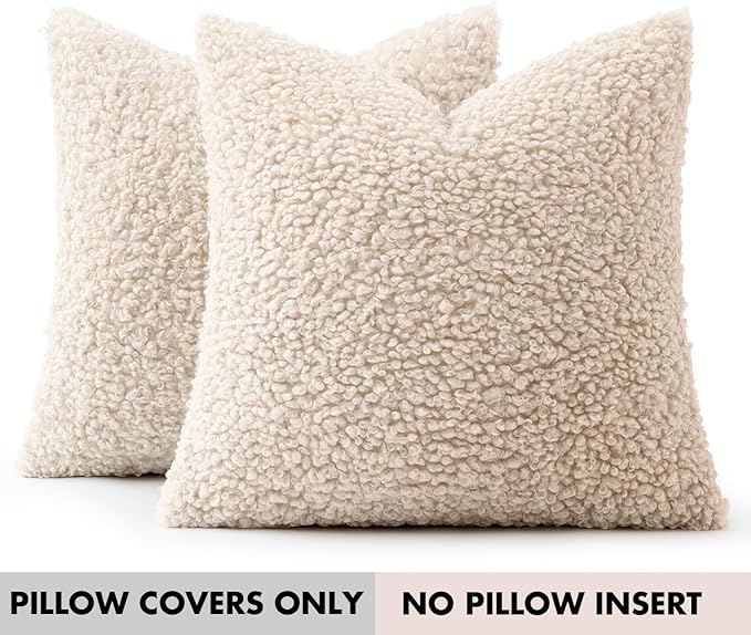 Faux Fur Throw Pillow Covers 20x20 Inch Set of 2 Boucle Neutral Decorative