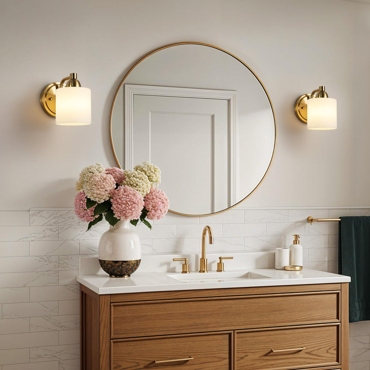 Mecgirn Gold Milk Glass Wall Sconces, 1 Pack Hardwired Indoor Wall Light Fixtures for Living Room, Hallway, Bedroom, Ceramic E26 Sockets (Bulbs Not Included)