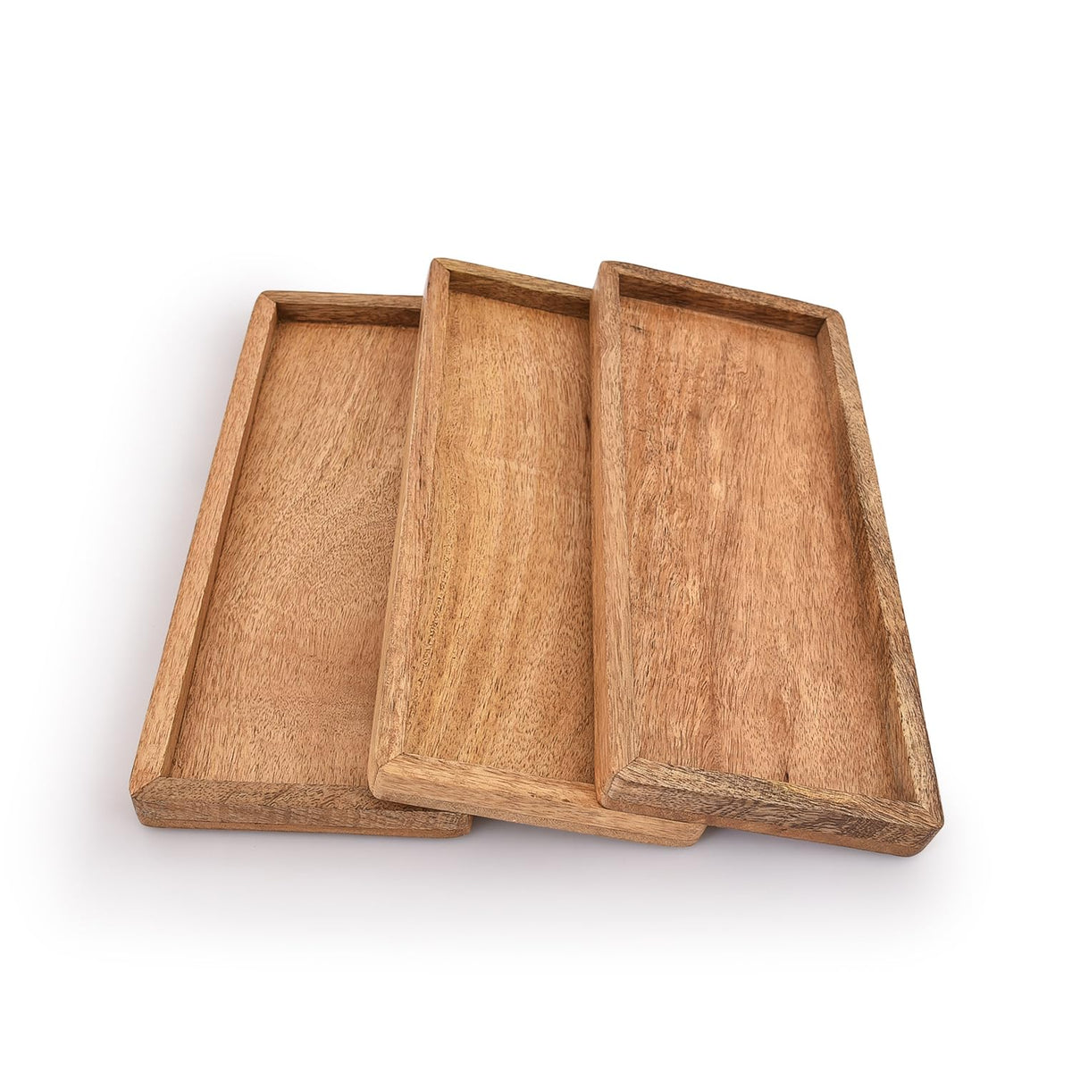 Samhita Mango Wood Serving Platter with Raised Edge -Set of 3 for Display Fruit Snacks Appetizer Sushi Food Decorative (12" x 5" x 0.75")