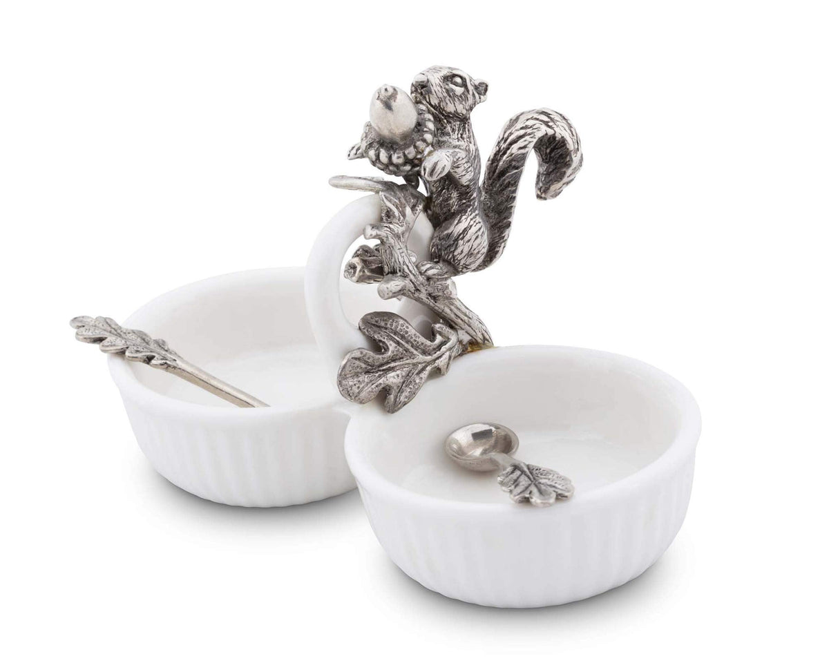 Vagabond House Squirrel Double Salt Cellar with Pewter Leaf Spoons percent spices or sauces 3 inch x 4 inch