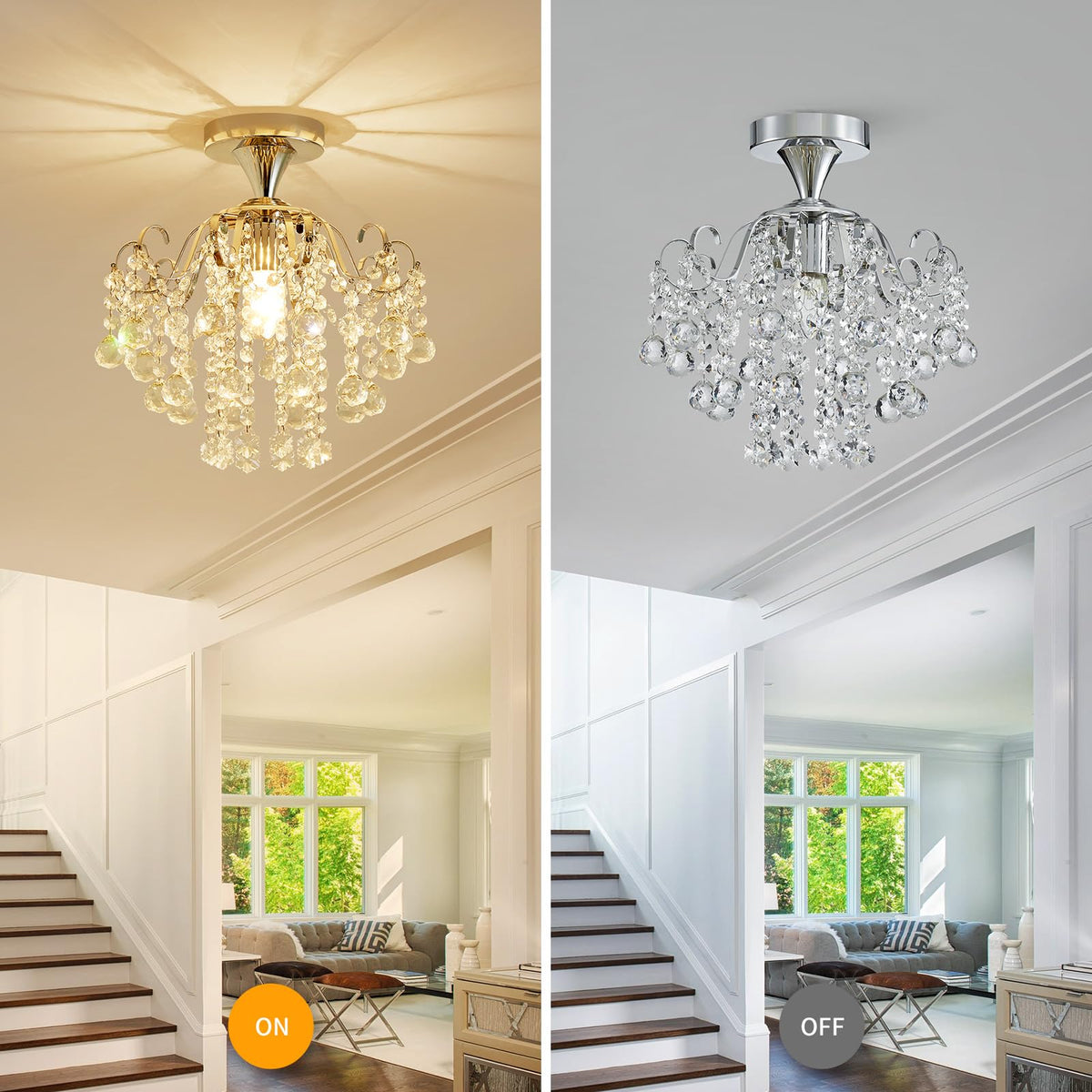 WUZUPS Crystal Chandelier Flushmount Ceiling Light Modern Lighting Fixture for Bedroom Hallway Bar Kitchen Bathroom, H 13.4" x W 12.6", E26 Base, Chrome