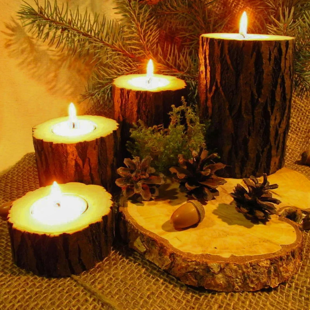 FUNSUEI 18 PCS Wooden Tea Light Candle Holders, Rustic Wood Votive Log Candle Holders, Rustic Wood Votive Candle Holder for Table Decoration, 3 Sizes
