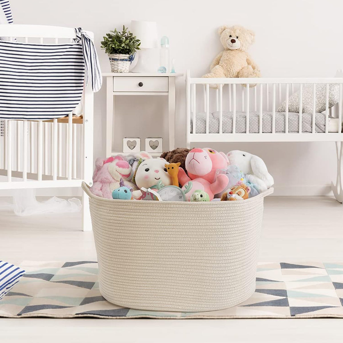 Maliton Extra Large Blanket Basket, Big Woven Cotton Rope Bin for Toys Towels, Pillow Basket with Handles, 22" x 22" x 14" Nursery Laundry Hamper, White Large Storage