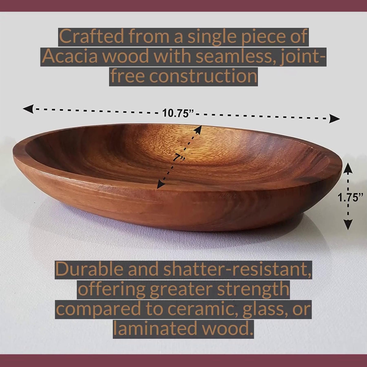 WRIGHTMART Acacia Wood Oval Bowl, Handmade, Rustic Server for Foods, Salads, Fruits, Bread - Dining Table & Kitchen Counter Décor - Entryway Key & Coin Catch-All Tray, 10.75" x 7" x 1.75"