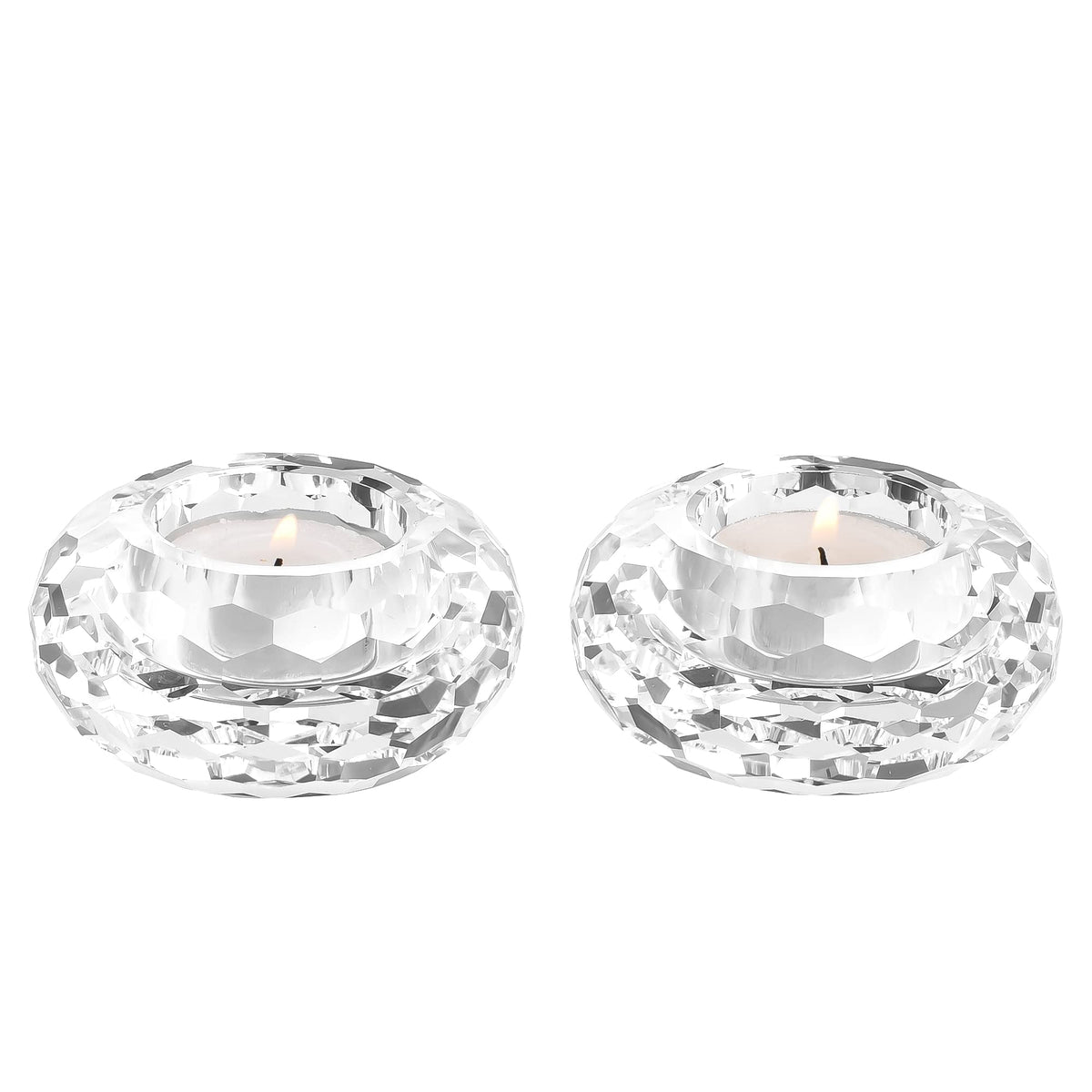 Kitcom Crystal Tealight Candle Holders Pack of 2, Hand-Cut Candle Holder Home Decor for Wedding Banquet Dinner 3.2" Diameter x 1.6" High, Clear