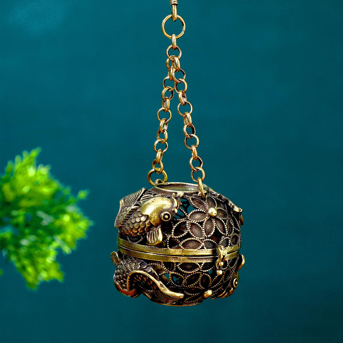 GANAZONO Copper Aromatherapy Ball Incense Burner Hollow Design with Hanging Chain for Home Fragrance Meditation and Room Purifying 4.5X4.5X4.6 Inch