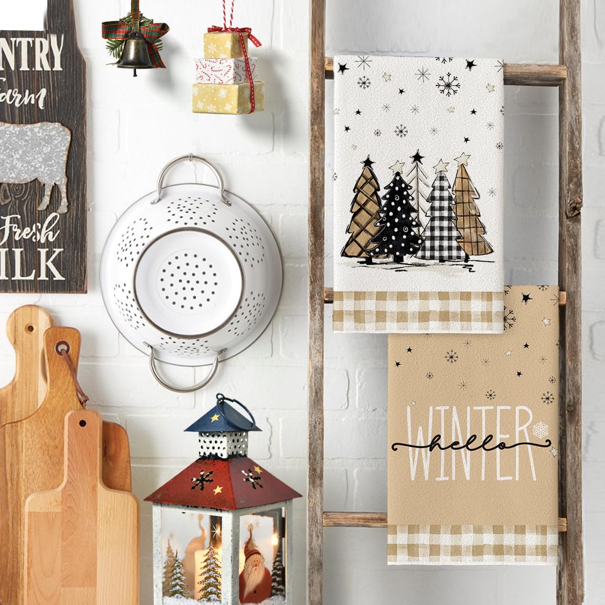 Artoid Mode Brown Buffalo Plaid Snowman Xmas Trees Christmas Kitchen Towels Dish Towels, 18x26 Inch Hello Winter Decoration Hand Towels Set of 4