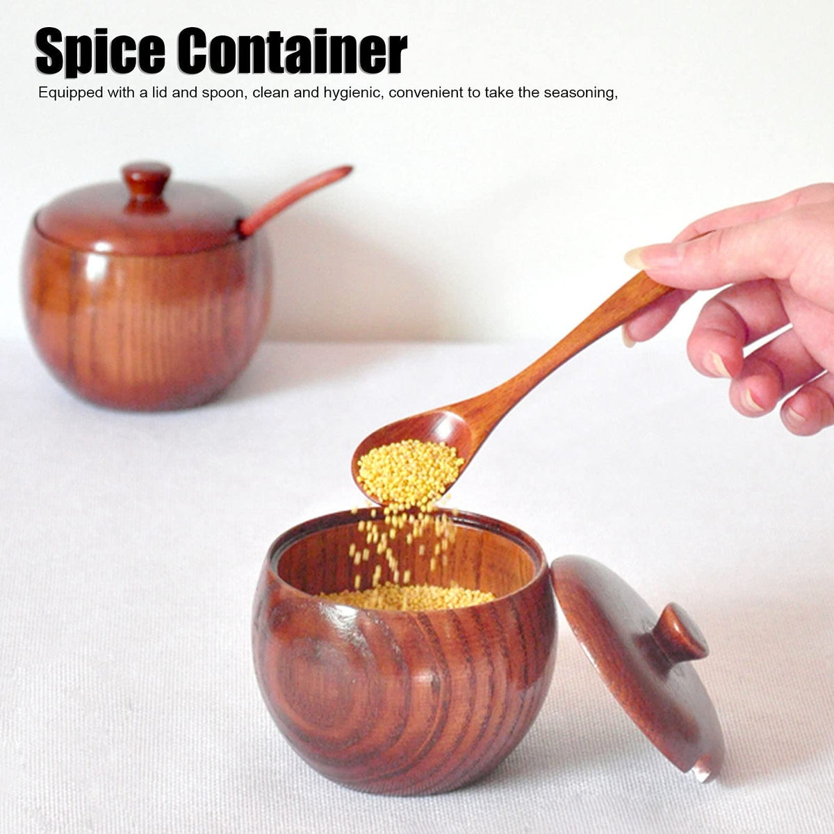 Agatige Wooden Salt Box with Lid Spoon, Vintage Salt Container Shaker Seasoning Container Cooking Utensil Sugar Holder for Kitchen, Serving, Condiment, 3.3x3.5in