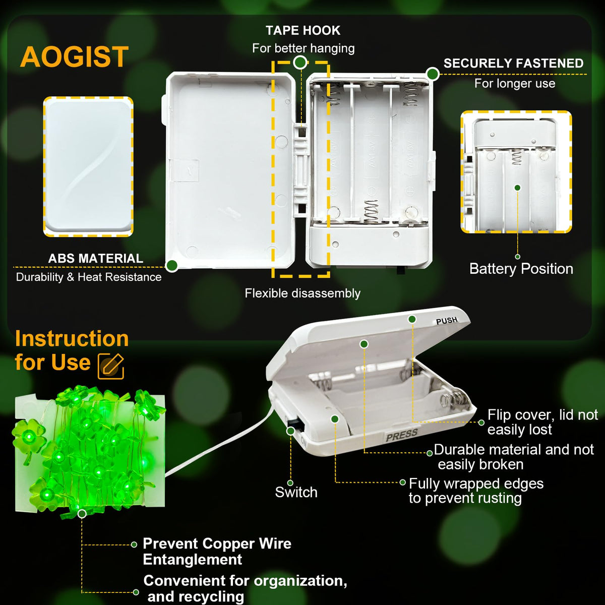 Aogist Super Bright 50LED Shamrock String Lights - 16ft St Patrick's Day 3D Clover Fairy Lights Battery Operated for Indoor/Outdoor Irish Party, Wedding, Holiday Green Decor - 2 Pack