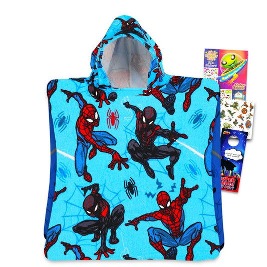 Spider-Man Kids Towel Set for Boys - Bundle with Miles Morales Spiderman Hooded Bath Towel with Tattoos, Stickers, and More | Spiderverse Bathroom Set