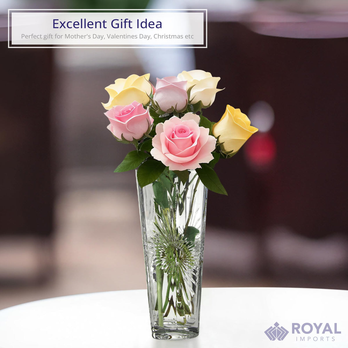 Crystal-Look Glass Flower Vase Centerpieces for Tables 11.5" x 5" Star Design Glass Vase Candle Holders Wedding Decor Vases for Centerpieces, Home & Event Decorations - Royal Imports