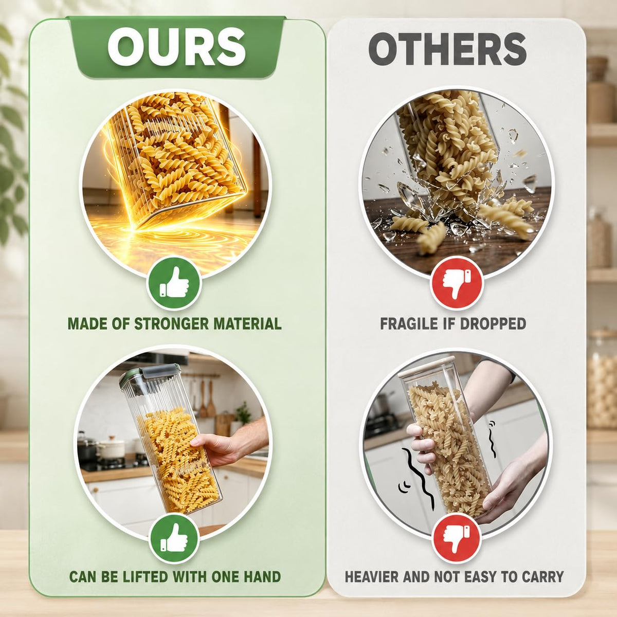 Plastic Pasta Containers, Spaghetti Container Storage, 74oz Set of 3 with Easy-Seal Lid, Pasta Storage Containers, Airtight Square Food Storage Jars for Spaghetti, Pasta, Flour, Oats, Cereal.
