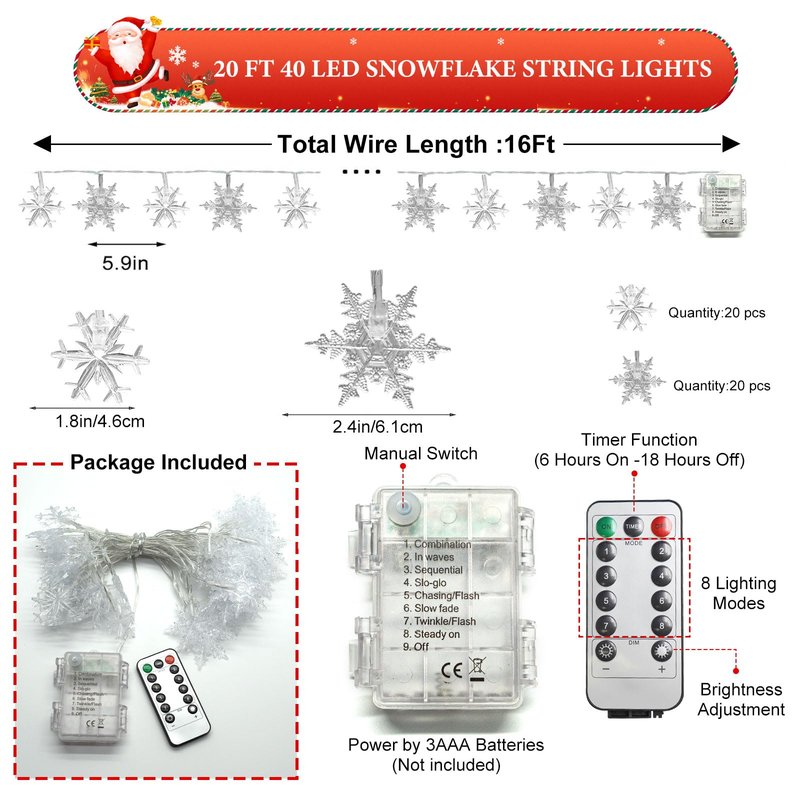Snowflake Lights, 20 FT 40 LED Battery Operated Christmas Lights with Remote, 8 Modes Timer Waterproof Fairy String Lights Indoor Outdoor Bedroom Room Patio Garden Xmas Tree Decorations (Warm White)