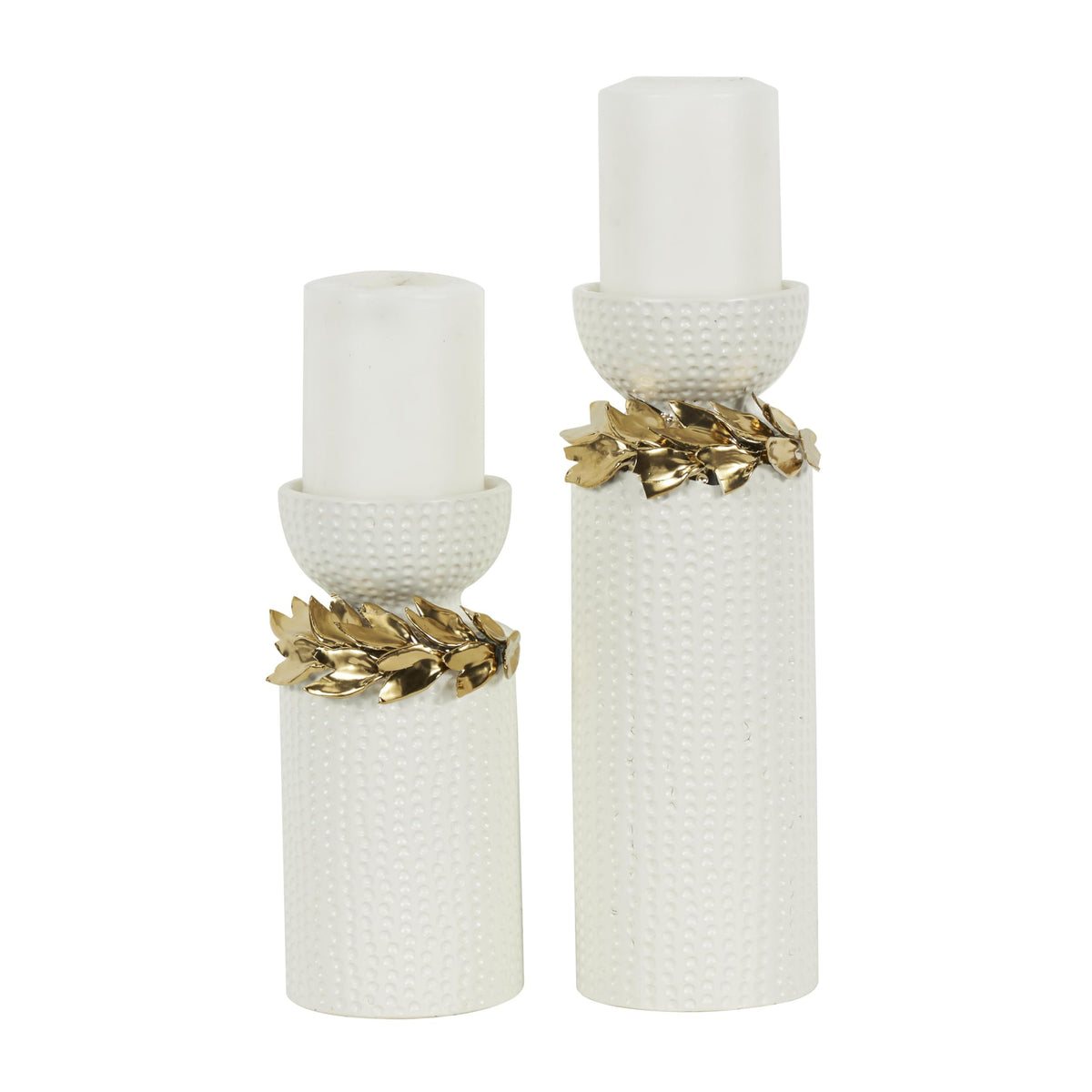 Deco 79 Ceramic Decorative Candle Holder Candle Stand with Abstract Spotted Pattern and Gold Leaf Accents, Set of 2 Candlestick Holder 12", 9" H, White