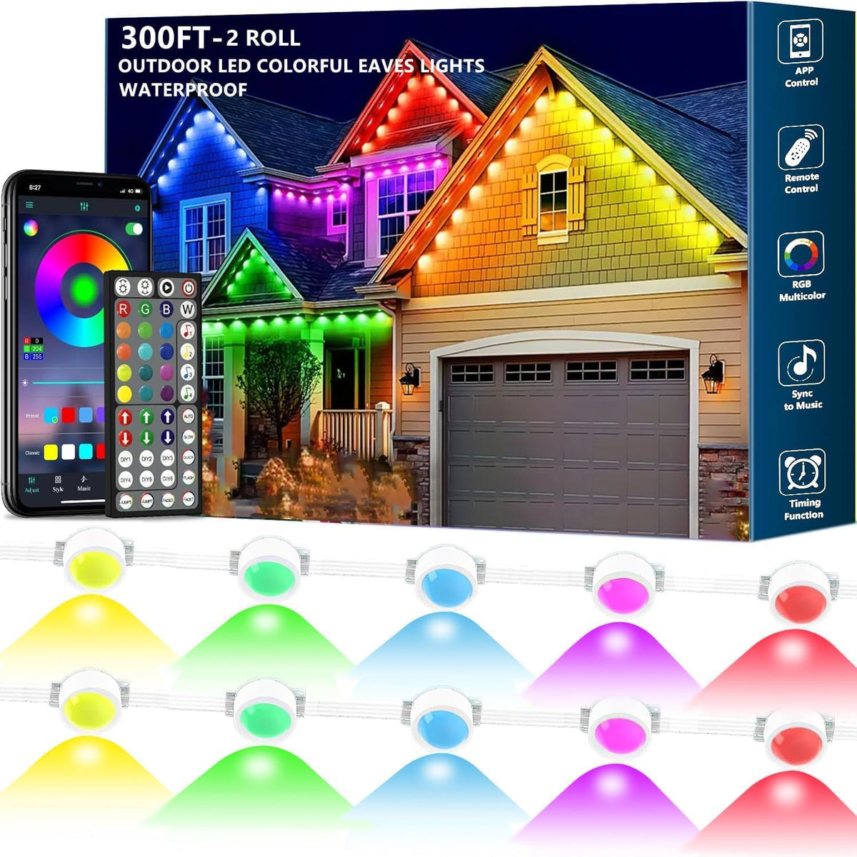 Sxlofty 300FT Permanent Outdoor RGB Lights,IP67 Waterproof Smart LED Eaves Lights with App/Remote Control,for Christmas and All Holiday Decor,Daily and Accent Lighting,House Roof and Garden Lighting