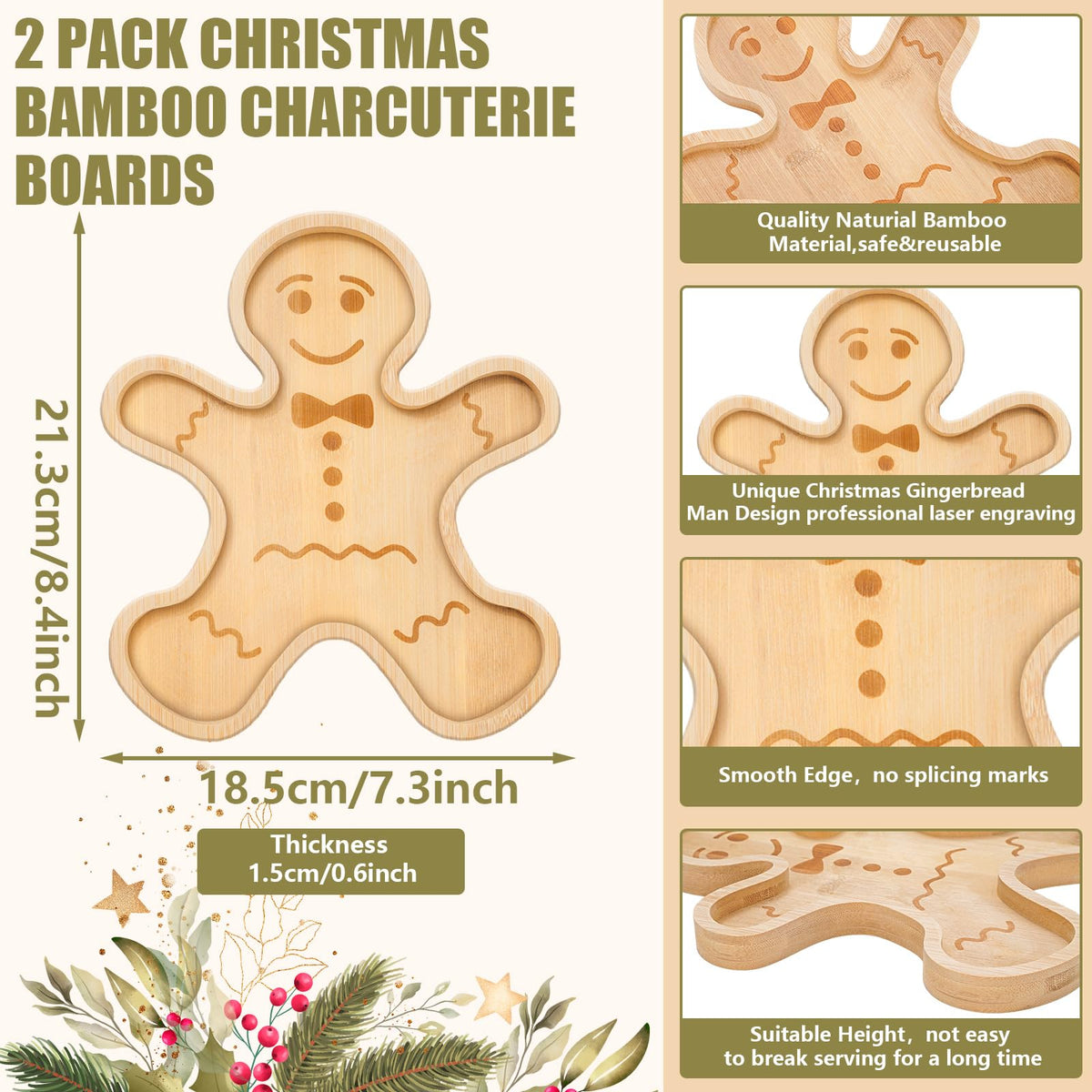Whaline 2Pcs Christmas Charcuterie Board Gingerbread Man Serving Trays Xmas Wood Appetizer Boards Snacks Serving Platters for Home Party Supplies, 8.4 x 7.3 x 0.6 in