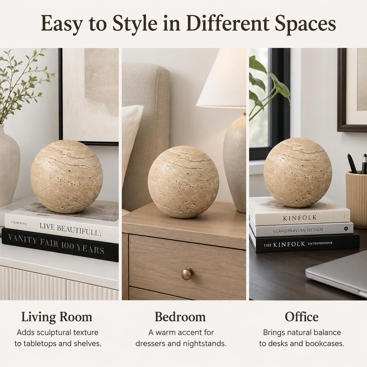 Artisanal Abode Natural Travertine Decorative Sphere, 4.72 Inch Stone Ball Decor, Hand-Polished Beige Orb Accent for Coffee Table, Console, Shelf and Living Room