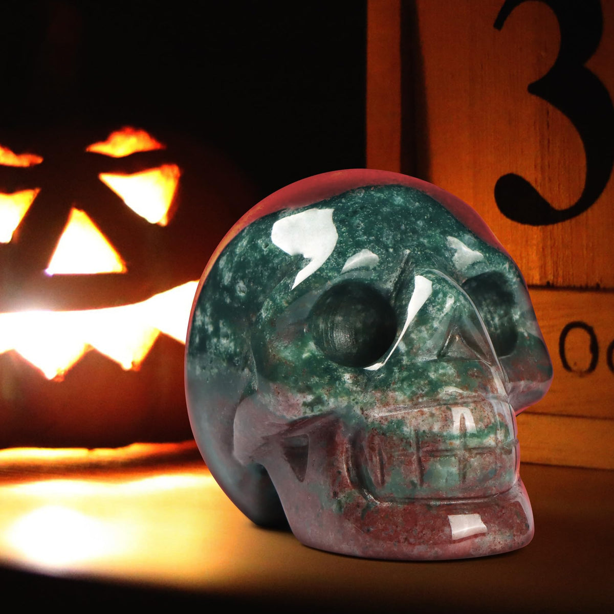 Artistone Ocean Jasper Hand Carved Crystal Skull Statue for Halloween Decoration Spiritual Healing Stone 2 Inch