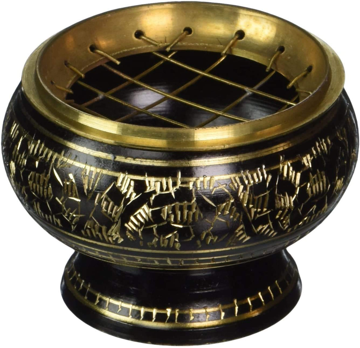 Jmd Enterprises Small Decorated Brass Charcoal Screen Incense Burner With Wooden Coaster (Black)