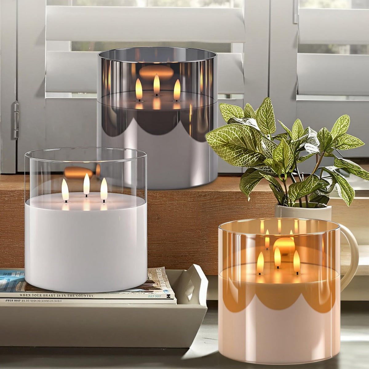 GenSwin Glass Flameless Candles Flickering with 3 Wicks and Remote Timer, 1 Pcs Clear LED Candles Battery Operated, Large Glass Candle for Halloween Christmas Home Decor(D6” x H6”)